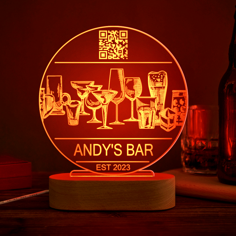 Personalized Qr Code Wine Glass Night Light 7 Colors Acrylic Vintage 3D Lamp Father's Day Gifts