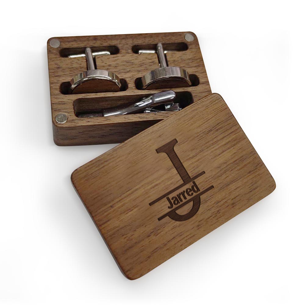 Personalized Wooden Cufflink Box Set with 1 Wood Box, 2 Cufflinks, and 1 Tie Clip - Wedding Gift