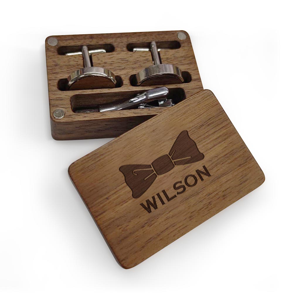 Personalized Wooden Cufflink Box Set with 1 Wood Box, 2 Cufflinks, and 1 Tie Clip - Wedding Gift