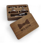 Personalized Wooden Cufflink Box Set with 1 Wood Box, 2 Cufflinks, and 1 Tie Clip - Wedding Gift