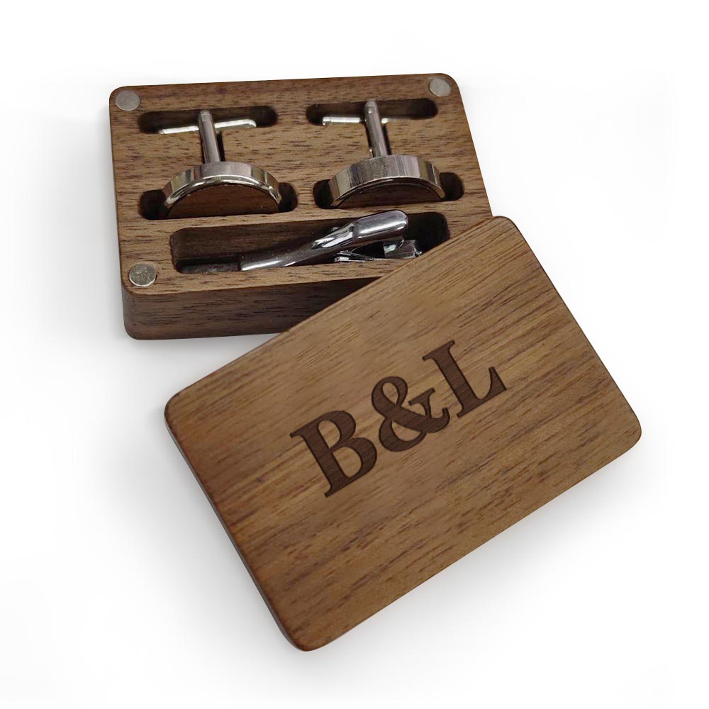 Personalized Wooden Cufflink Box Set with 1 Wood Box, 2 Cufflinks, and 1 Tie Clip - Wedding Gift