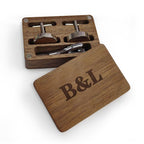 Personalized Wooden Cufflink Box Set with 1 Wood Box, 2 Cufflinks, and 1 Tie Clip - Wedding Gift