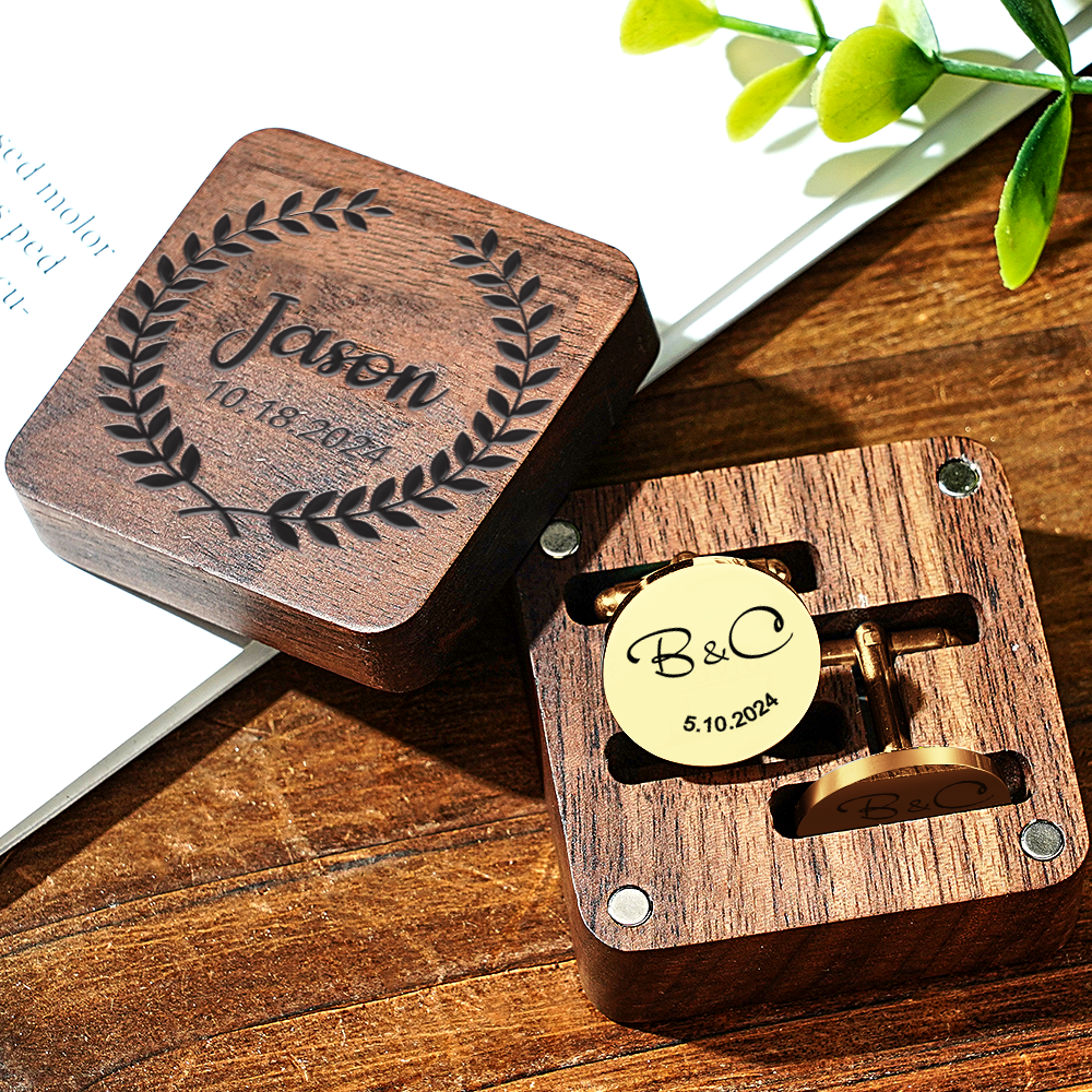 Personalized Engraved Cufflinks Set with Wooden Box Wedding Gift for Men Groomsmen