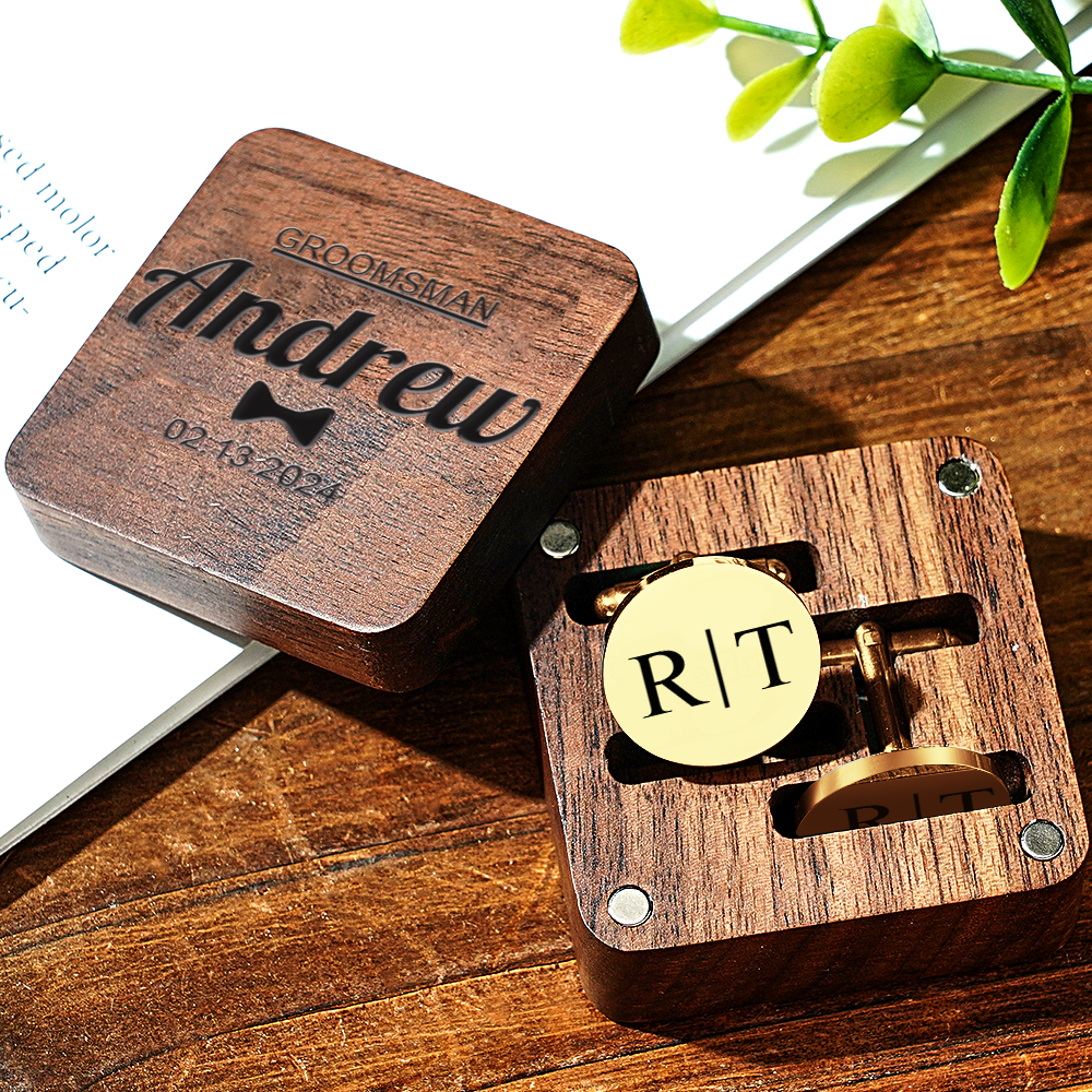 Personalized Engraved Cufflinks Set with Wooden Box Wedding Gift for Men Groomsmen