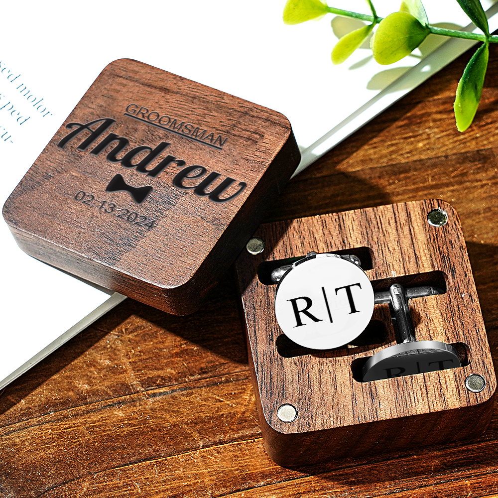 Personalized Engraved Cufflinks Set with Wooden Box Wedding Gift for Men Groomsmen
