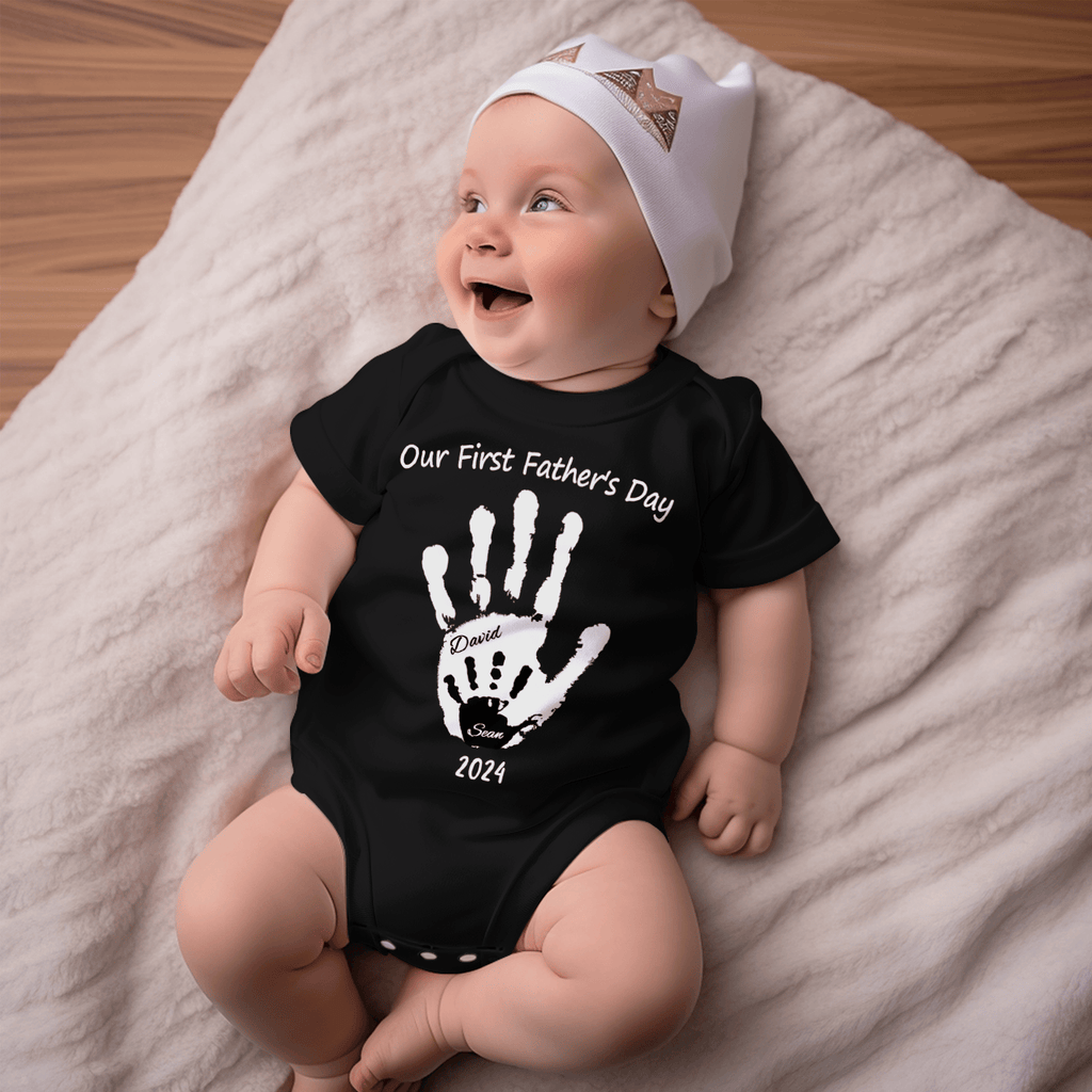 Personalized Our First Father’s Day Handprint Baby T-Shirt Gift for Baby