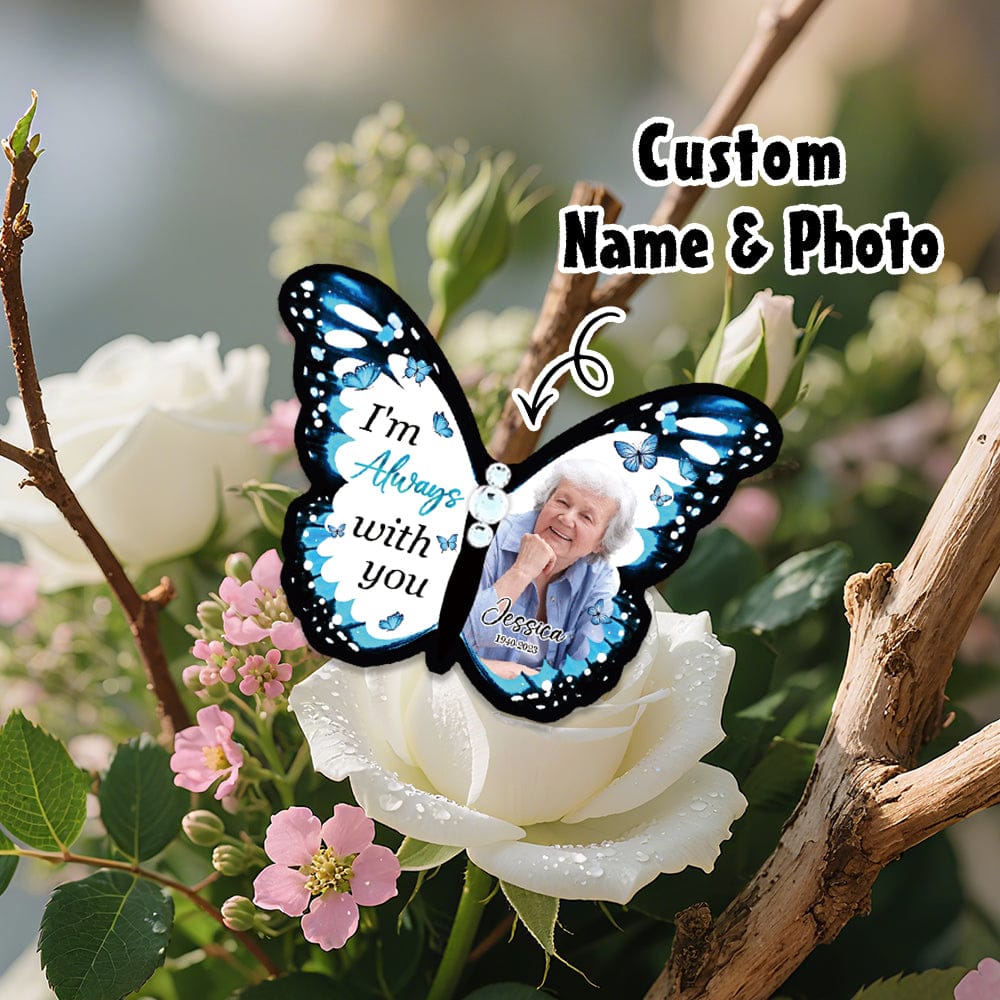 Custom Photo & Name Blue Butterfly Hair Clip – Personalized Memorial & Remembrance Gift