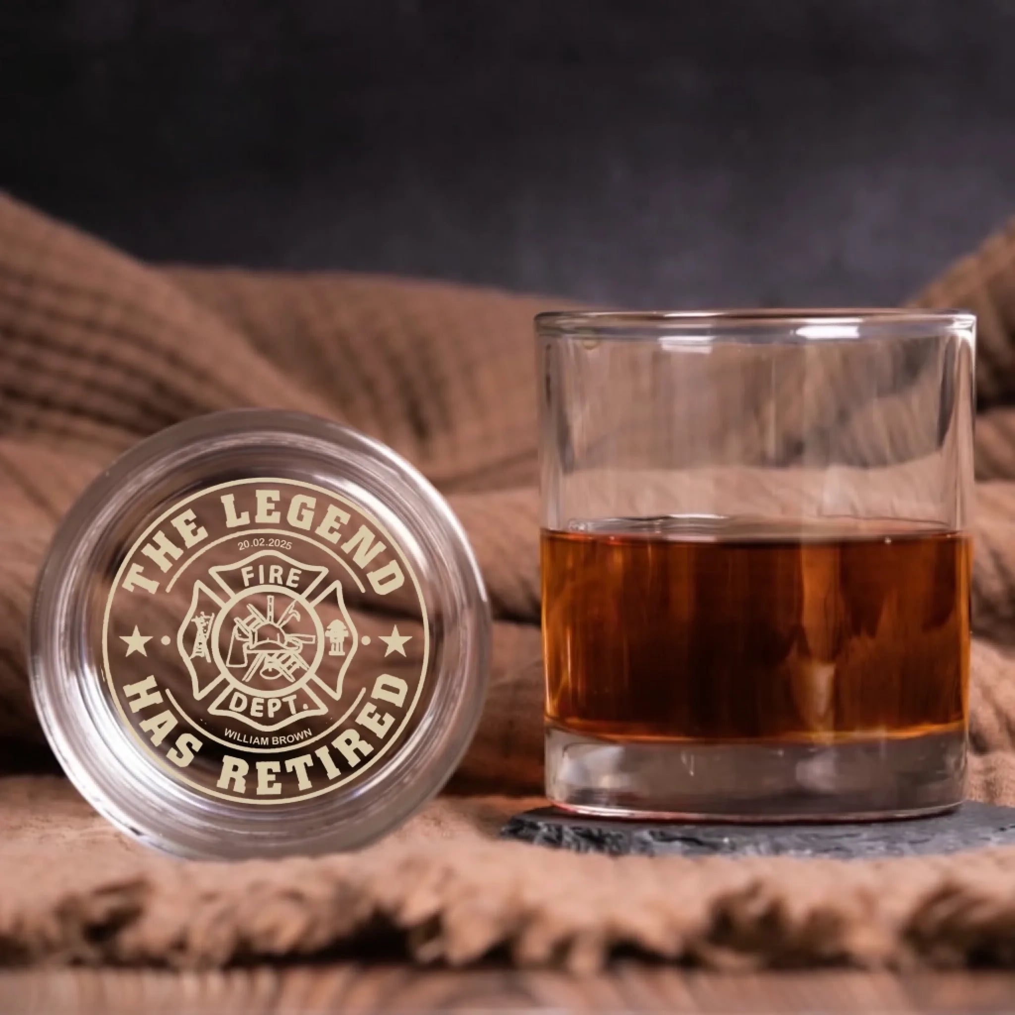 Firefighter themed Custom Whiskey Glass with Personalized Name Rank Engraved Design main image