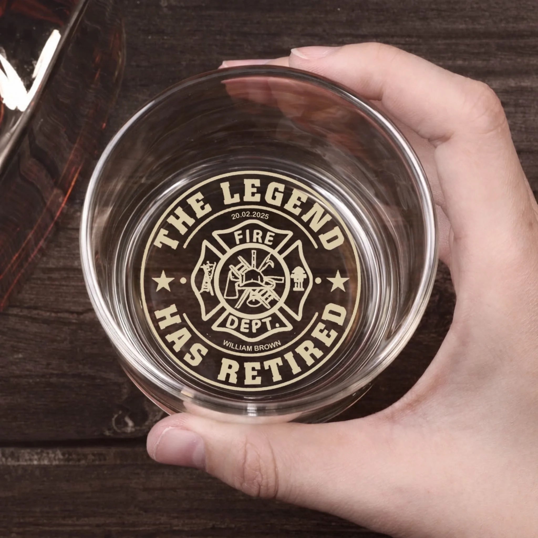 Firefighter themed Custom Whiskey Glass with Personalized Name Rank Engraved Design engraved detail