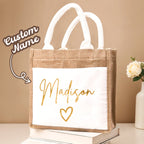 Personalized Jute Tote Bag with Pocket Reusable Beach Travel Accessory Bridal Party Wedding Gift for Her