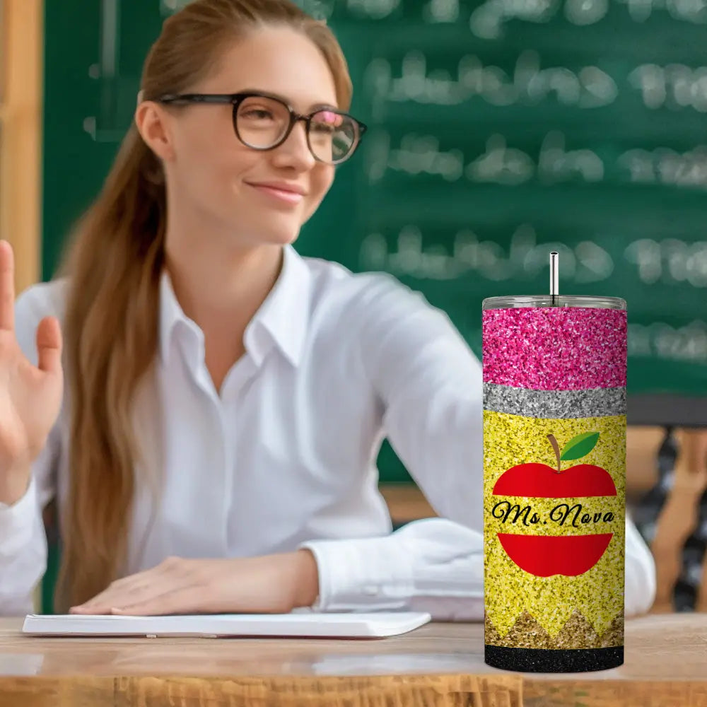 Personalized Glitter Apple 20oz Skinny Tumbler with Straw Back to School Appreciation Gift for Teacher