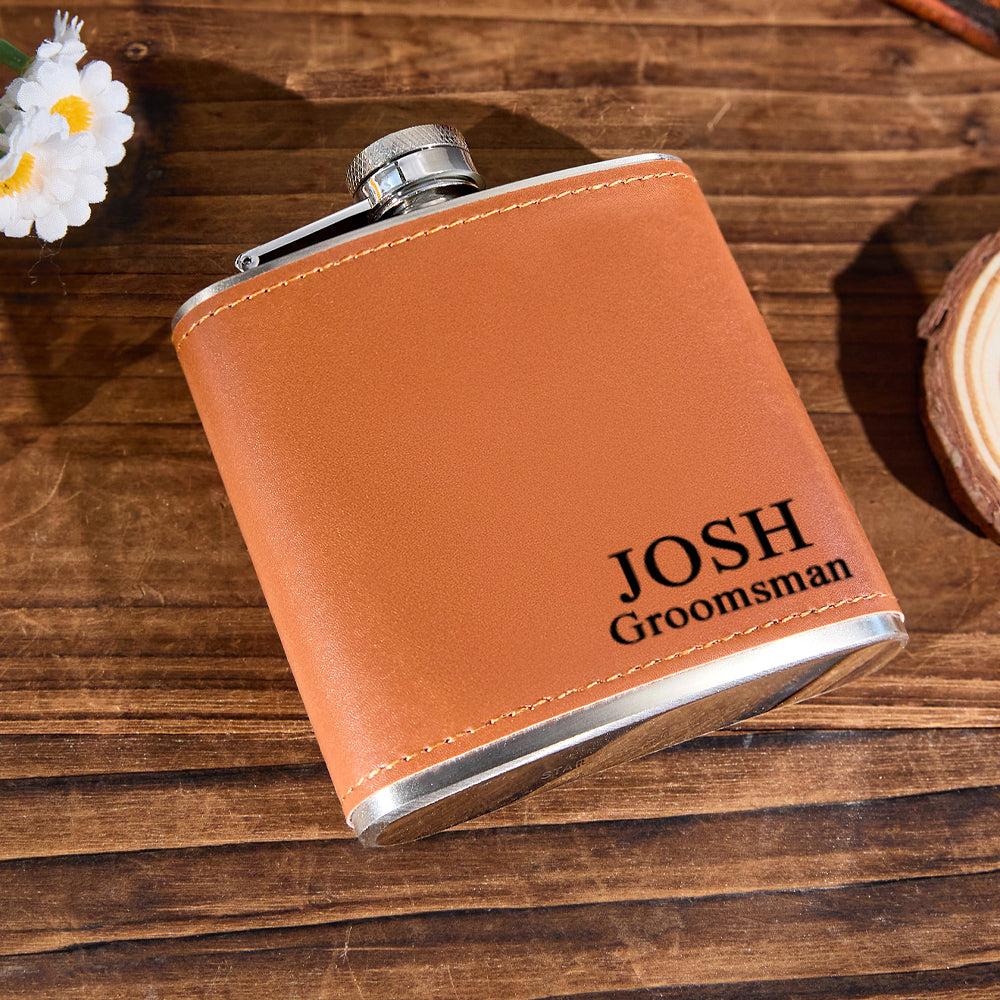Personalized Leather Flask with Name Stainless Steel 6oz Whiskey Flask Gift for Groomsmen