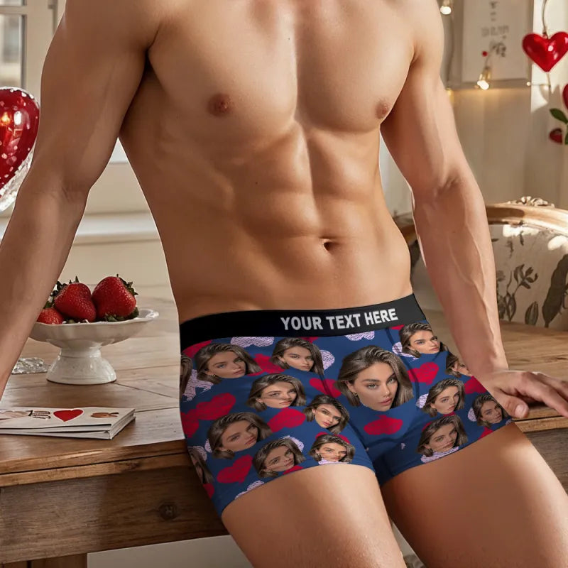 Personalized Face Boxer with Red and Pink Hearts Custom Text Men Underwear Christmas Gift Personalized Photo Funny Valentines Gift