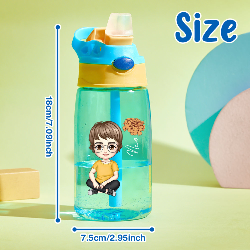 Personalized Cartoon Birth Flower Water Bottle with Straw 16oz Water Bottle Gift for Kids