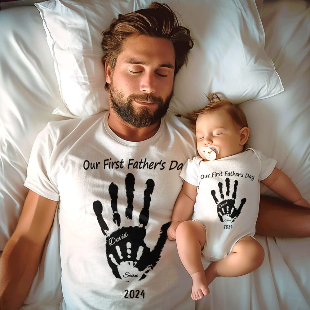 Personalized Our First Father’s Day Handprint Baby T-Shirt Gift for Baby