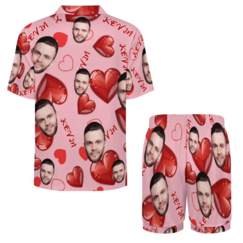 Custom Face Short Sleeve Pajama with Red Hearts Prints Valentine's Day Gift for Her