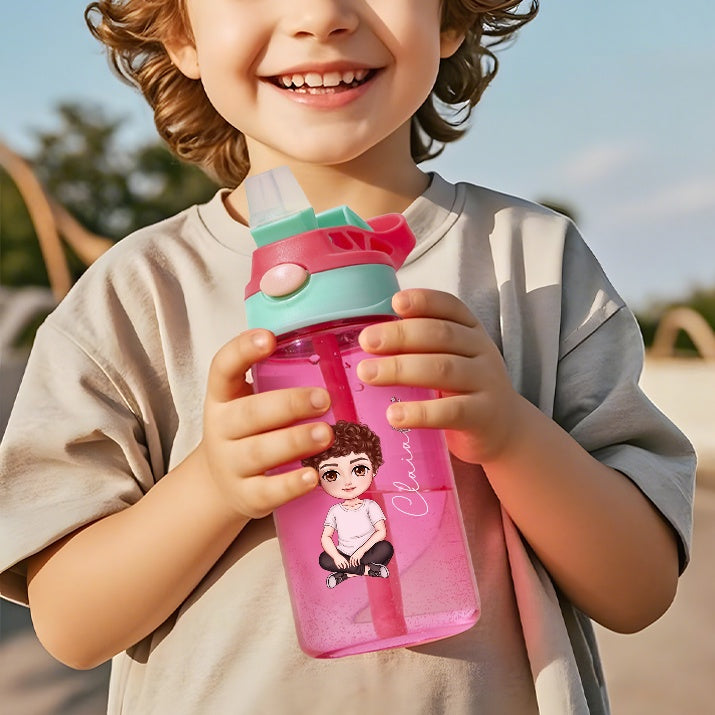 Personalized Cartoon Birth Flower Water Bottle with Straw 16oz Water Bottle Gift for Kids