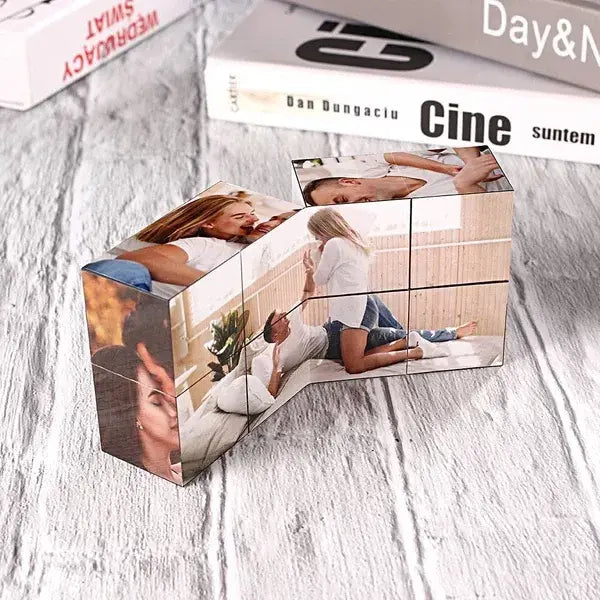 Custom Photo Cube Infinity Folding Multiphoto Cube with Wooden Base Father's Day Gifts