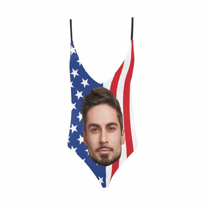 American Flag Swimsuit,Custom Big Face Women's Lacing Backless One - Piece,Personalize Bathing Suit for Bachelorette Party,Gift for Her 228352 - DiyGiftly