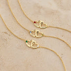 Custom Interlocking Heart Name Bracelet Birthstone Engraved Names Personalized Double Heart Bracelet for Couples Valentines Gift