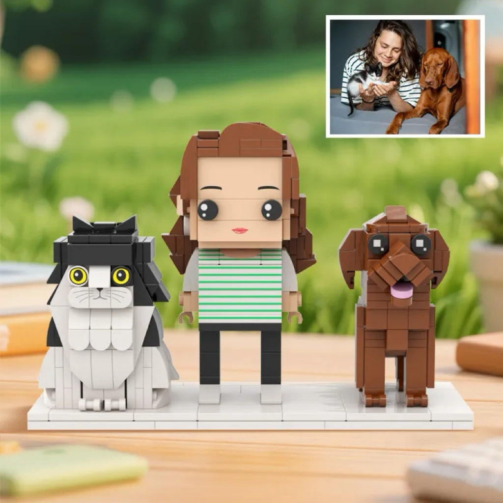 Custom Full-Body Brick Figures of 1 People with Cute Dog and Cat Personalized Birthday Gift