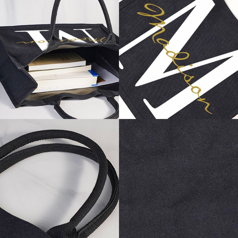 Personalized Black Canvas Bag with Name and Initial Birthday Wedding Party Gift for Women