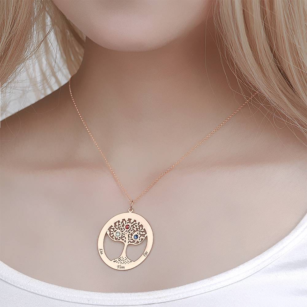 Personalized Family Tree Necklace Engraved Name Birthstone Necklace S925 Silver