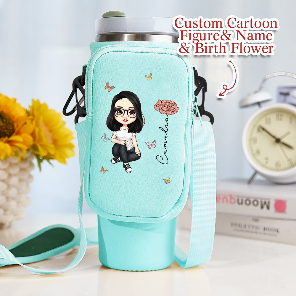 Personalized Cartoon Birth Flower Waterproof Bottle Carrier Bag for 40oz Stanley Tumbler Gift for Her