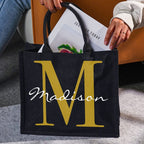Personalized Black Canvas Bag with Name and Initial Birthday Wedding Party Gift for Women