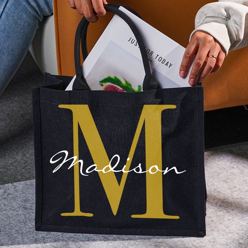 Personalized Black Canvas Bag with Name and Initial Birthday Wedding Party Gift for Women