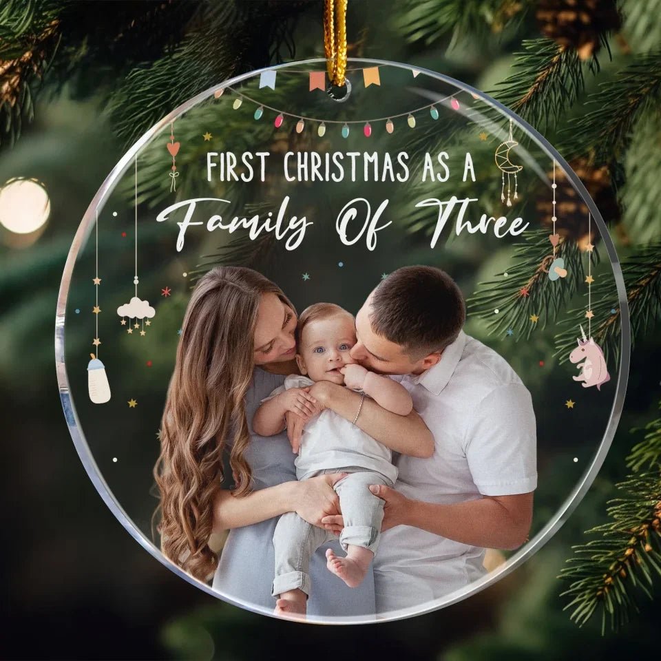 Baby First Christmas As A Family Of Three - Personalized Photo Acrylic Ornament 683130 - DiyGiftly