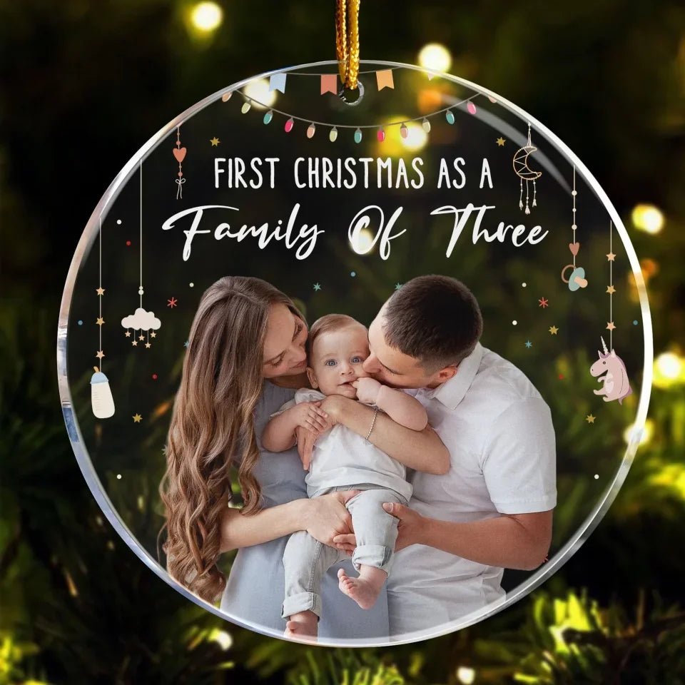 Baby First Christmas As A Family Of Three - Personalized Photo Acrylic Ornament 683130 - DiyGiftly