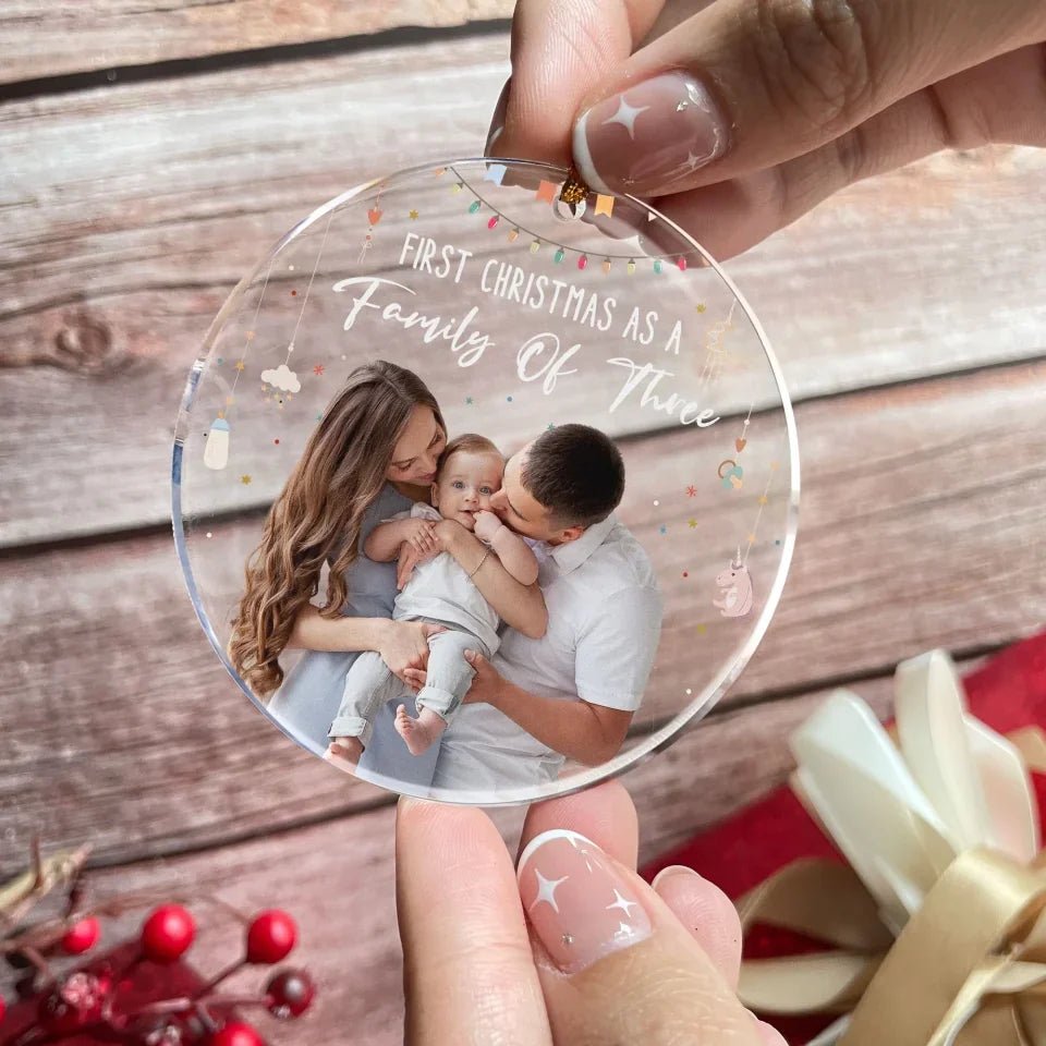 Baby First Christmas As A Family Of Three - Personalized Photo Acrylic Ornament 683130 - DiyGiftly