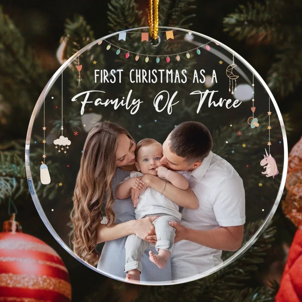 Baby First Christmas As A Family Of Three - Personalized Photo Acrylic Ornament 683130 - DiyGiftly