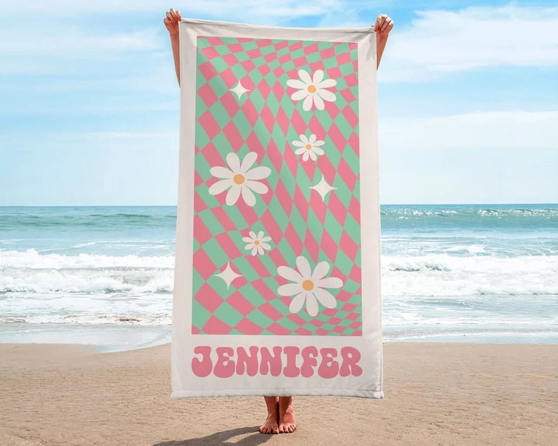 Beach Towels, Bridesmaid Towel, Groovy Daisy Checkered Personalized Beach Towel, Cousin Pool Party Towels, Birthday Vacation Gift 22053888 - DiyGiftly
