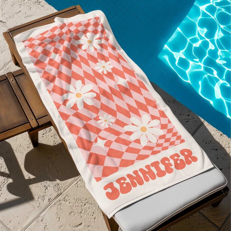 Beach Towels, Bridesmaid Towel, Groovy Daisy Checkered Personalized Beach Towel, Cousin Pool Party Towels, Birthday Vacation Gift 22053888 - DiyGiftly