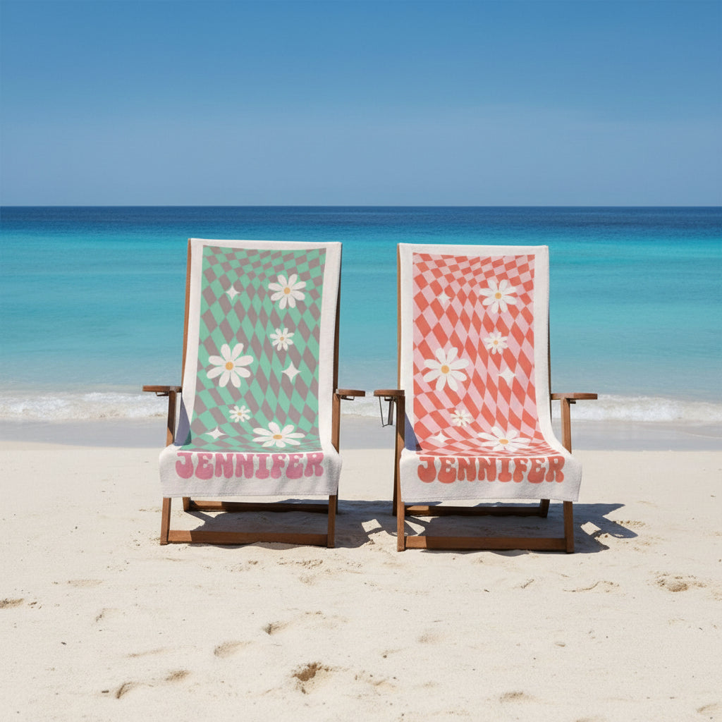 Beach Towels, Bridesmaid Towel, Groovy Daisy Checkered Personalized Beach Towel, Cousin Pool Party Towels, Birthday Vacation Gift 22053888 - DiyGiftly