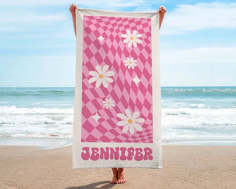 Beach Towels, Bridesmaid Towel, Groovy Daisy Checkered Personalized Beach Towel, Cousin Pool Party Towels, Birthday Vacation Gift 22053888 - DiyGiftly