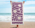Beach Towels, Bridesmaid Towel, Groovy Daisy Checkered Personalized Beach Towel, Cousin Pool Party Towels, Birthday Vacation Gift 22053888 - DiyGiftly