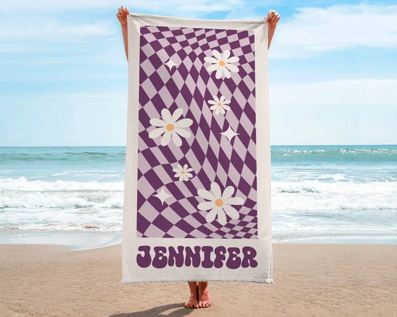 Beach Towels, Bridesmaid Towel, Groovy Daisy Checkered Personalized Beach Towel, Cousin Pool Party Towels, Birthday Vacation Gift 22053888 - DiyGiftly