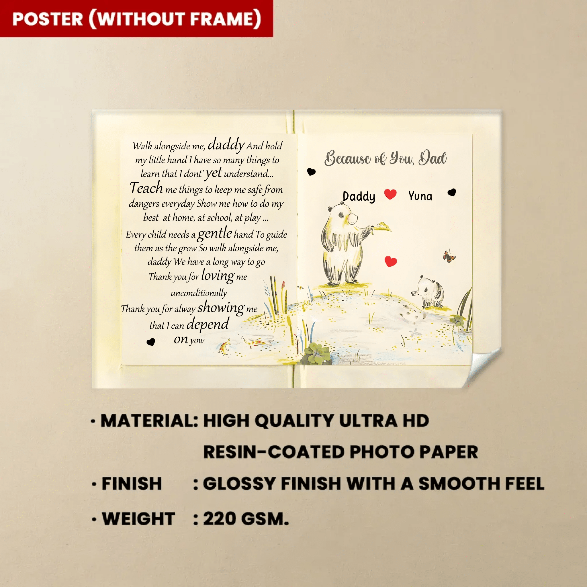 because of you custom gift for dad personalized gift photo