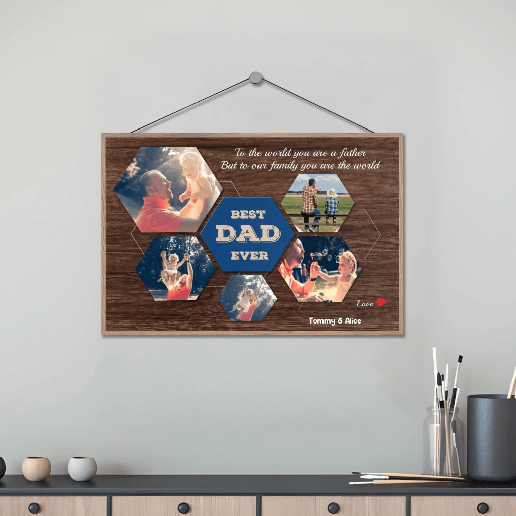 Best Dad Ever Custom Photo Collage - Customizable Dark Wood StyleBackground Wooden Plaque 733404 - DiyGiftly