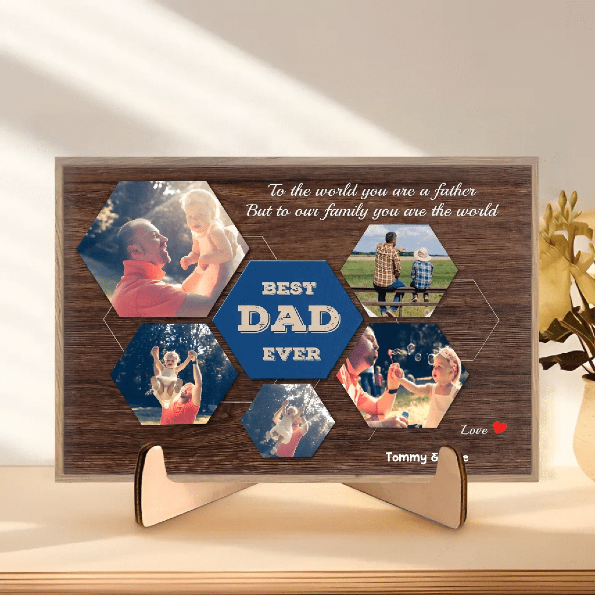 Best Dad Ever Custom Photo Collage - Customizable Dark Wood StyleBackground Wooden Plaque 733404 - DiyGiftly