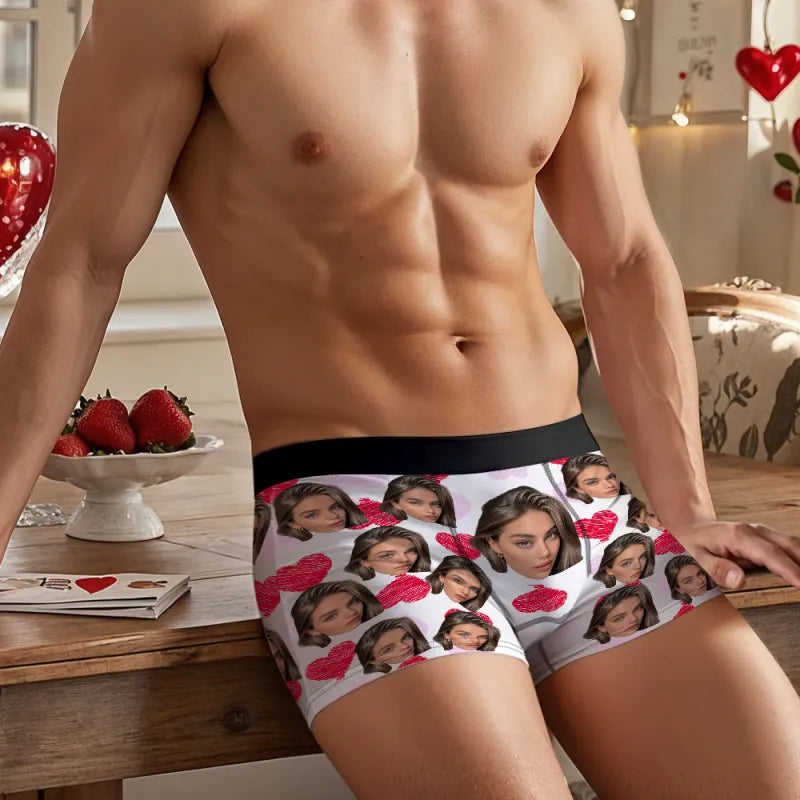 Personalized Face Boxer with Red and Pink Hearts without Custom Belt Text Men Underwear Personalized Photo Funny Valentines Gift