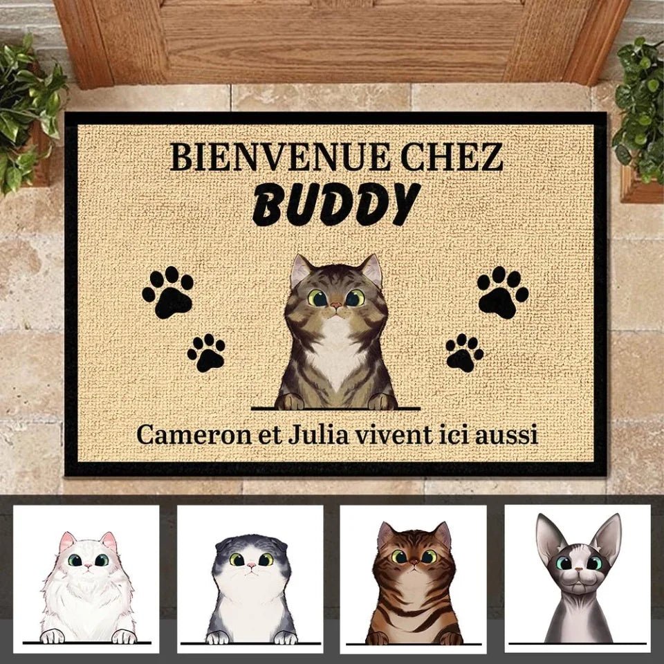 Bienvenue personnalisée à la Maison du Chat French - Funny Personalized Cat Decorative Mat 684526 - DiyGiftly
