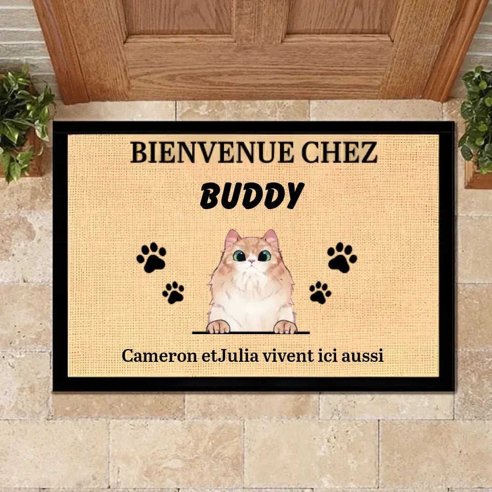 Bienvenue personnalisée à la Maison du Chat French - Funny Personalized Cat Decorative Mat 684526 - DiyGiftly