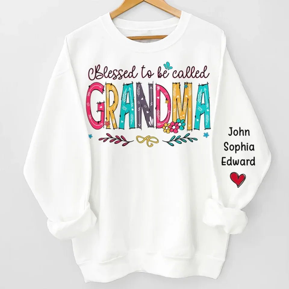 Personalized family names unisex sweatshirt sleeve print cozy fit christmas gift for grandparents