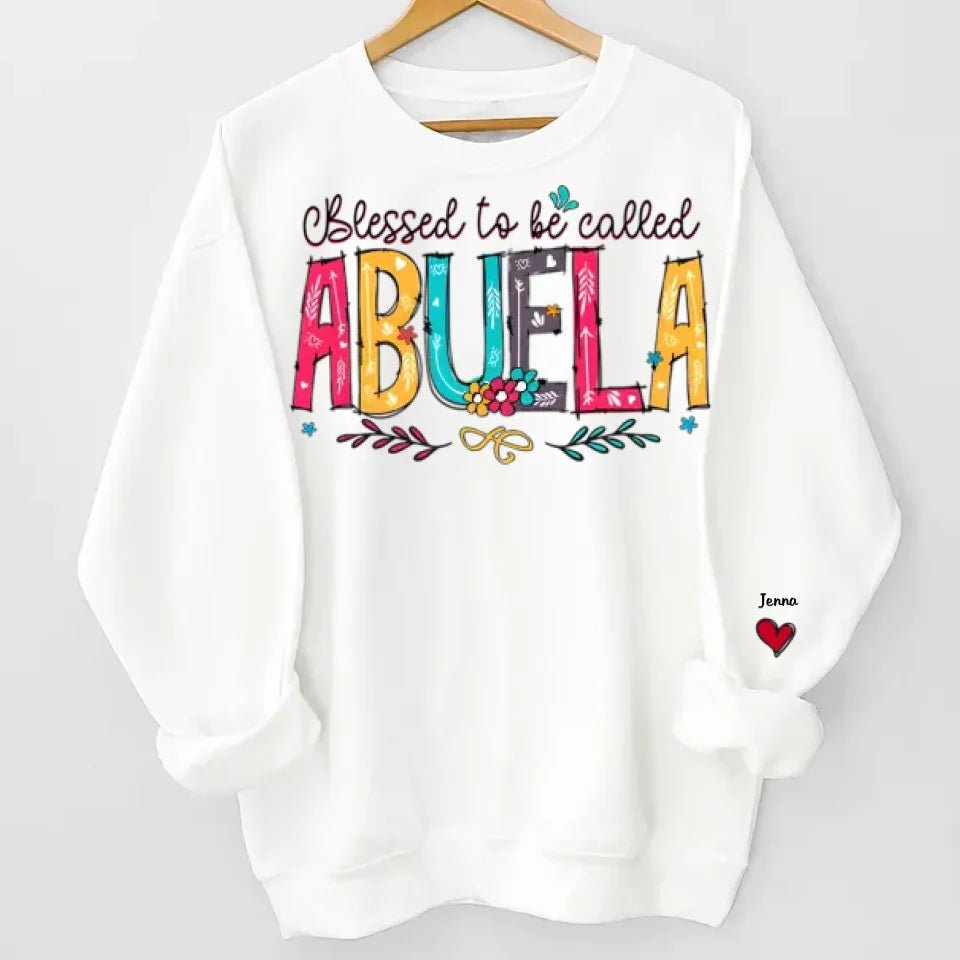 Unisex sweatshirt with personalized family names sleeve print cozy fit christmas gift for grandparents
