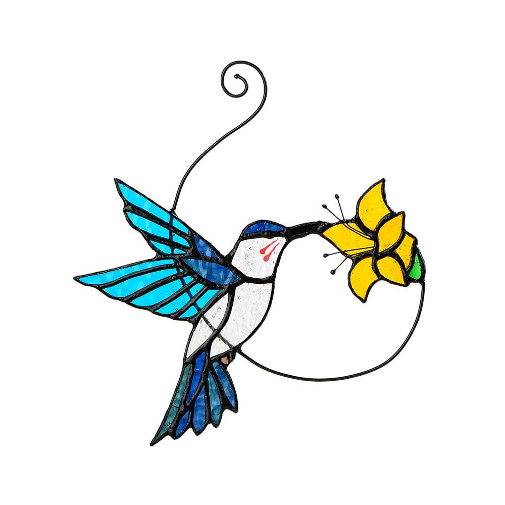 Blue Glass Bird Suncatcher with Yellow Flower Window Decor Handmade Gift - DiyGiftly