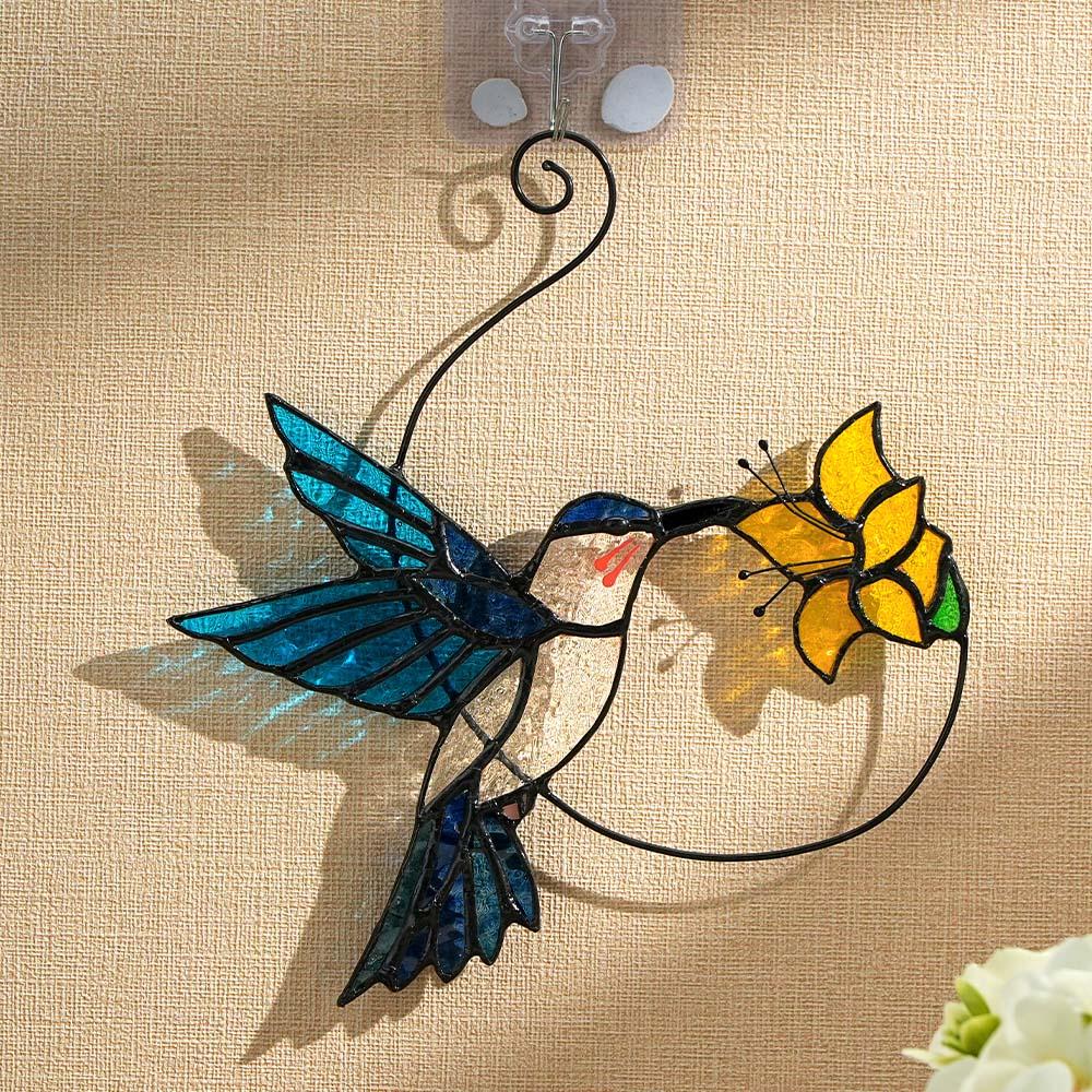 Blue Glass Bird Suncatcher with Yellow Flower Window Decor Handmade Gift - DiyGiftly